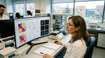 Una mujer con bata de laboratorio y gafas mira una pantalla de ordenador mostrando gráficos y células de retina. Un hombre trabaja al fondo. Ventanas grandes.