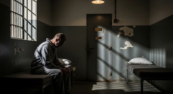 Hombre calvo vestido de gris sentado en una cama de una celda oscura con paredes deterioradas, una ventana con rejas y una puerta metálica.