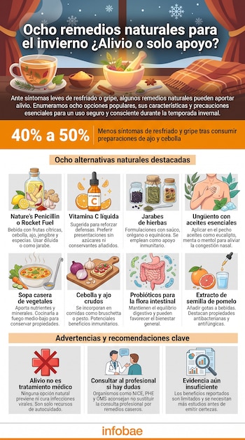 Infografía con título, subtítulo, porcentajes, ocho paneles de remedios con iconos y texto, y tres paneles de advertencias con iconos.