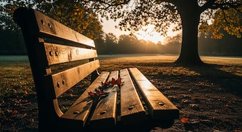 Un banco de madera vacío en un parque, con hojas secas esparcidas en el asiento y el suelo, iluminado por los rayos del sol al atardecer entre los árboles.