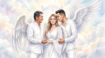 Una mujer y dos hombres con alas de ángel vestidos de blanco se toman de las manos entre nubes celestes frente a un portón metálico.