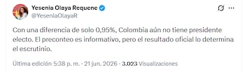 La ministra de Ciencia se refirió a los resultados de segunda vuelta - crédito @YeseniaOlayaR/X