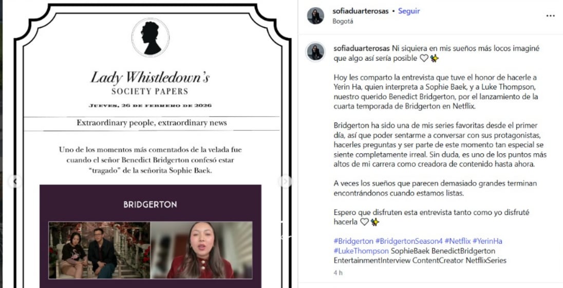Luke Thompson y Yerin Ha se enfrentaron al reto de pronunciar expresiones como “tragado” y “berraca” durante una entrevista centrada en la cultura colombiana - crédito @sofiaduarterosas/ Instagram