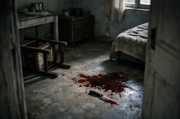 Interior de una habitación humilde con paredes desgastadas. Una silla de madera está volcada y un cuchillo de cocina con sangre yace en el suelo.
