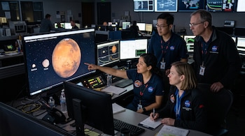 Cuatro personas con ropa de la NASA miran un monitor que exhibe el planeta Marte y las lunas Fobos y Deimos.