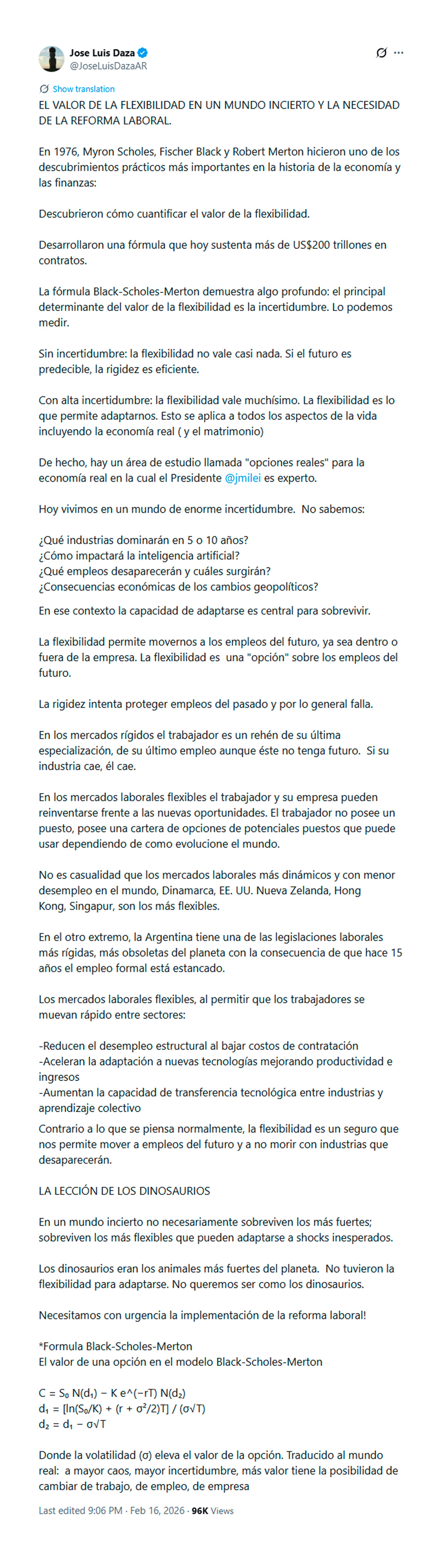 El economista José Luis Daza comparte un hilo de Twitter discutiendo la importancia de la flexibilidad laboral y la necesidad de una reforma en un mundo volátil. (.)