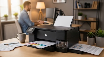 Primer plano de una impresora negra sobre una mesa de madera imprimiendo un documento con gráficos. En el fondo borroso, una persona trabaja en su computadora.