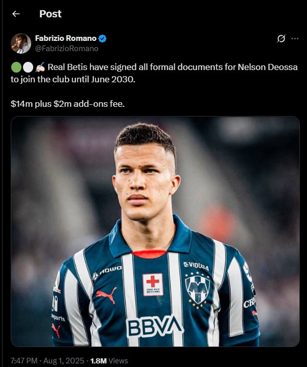 El periodista especializado en fichajes comentó que el cuadro de Sevilla llegó a un acuerdo por el volante Nelson Deossa -crédito @FabrizioRomano/X