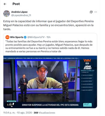 Post de Andrés López sobre la aparición de Miguel Palacios, jugador del Deportivo Pereira - crédito X