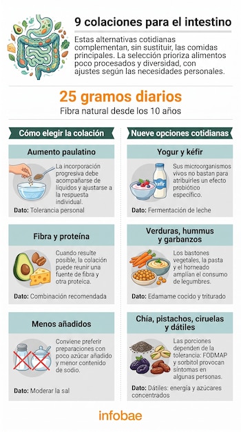 Infografía sobre colaciones para el intestino con texto informativo e ilustraciones de yogur, kéfir, frutos secos, semillas y vegetales.