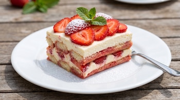Porción cuadrada de tiramisú con capas de crema, frutillas cortadas, azúcar en polvo y menta sobre un plato blanco.