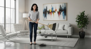 Mujer con camisa gris y jeans sostiene una escoba rota, con las cerdas en el suelo. Se encuentra en una sala moderna con grandes ventanas.