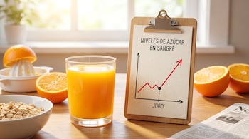 Vaso de jugo de naranja, exprimidor con naranja, naranjas cortadas, tazón de avena y un portapapeles con gráfico de niveles de azúcar en sangre en mesa de madera.