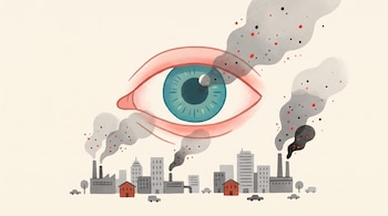 Ojo humano con iris azul verdoso sobre una ciudad con edificios grises, fábricas, autos y humo gris con partículas rojas y negras.