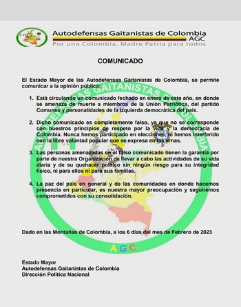 Comunicado atribuido al Clan