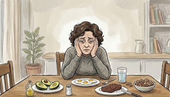 Ilustración de mujer cansada con ojeras sentada frente a un desayuno de huevos fritos, aguacate, bistec, frutos secos y vaso de agua