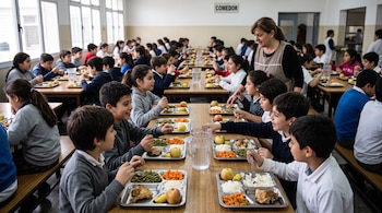 Niños sentados en mesas largas comen arroz, vegetales y frutas en bandejas de metal en un salón con el cartel COMEDOR.