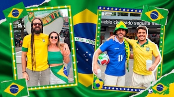 Collage festivo con la bandera de Brasil. Incluye fotos de grupos sonrientes con camisetas y accesorios brasileños, balones de fútbol y vasos.