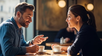 Hombre y mujer sentados frente a frente en una mesa de cafetería, con tazas de café sobre la mesa y luz lateral.
