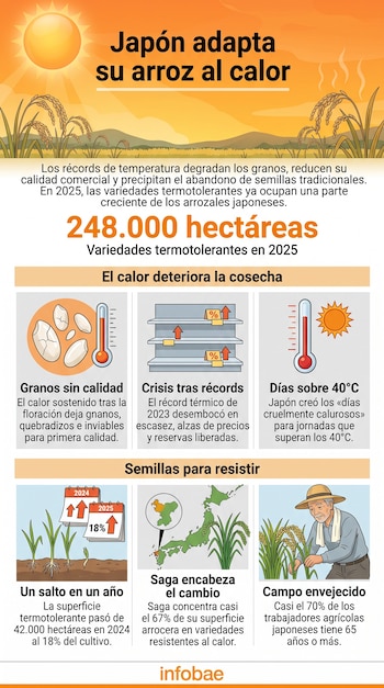 Infografía con ilustraciones de un sol brillante, plantas de arroz, granos, termómetros, un mapa de Japón y un agricultor en el campo.