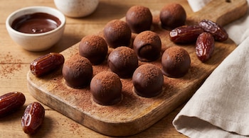 Bombones de chocolate espolvoreados con cacao sobre una tabla de madera, acompañados por dátiles y un recipiente con chocolate derretido.