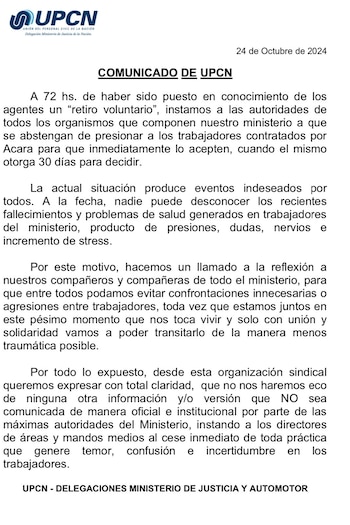 El comunicado de UPCN difundido esta semana que pasó