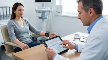 Médico con bata blanca toca tablet con gráficos de variabilidad cardíaca frente a paciente con monitor en muñeca en un consultorio.