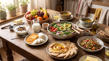 Una mesa de madera servida con ensaladas, hummus con pan pita, frutas, yogur, quesos, sopa y jarras con leche y agua con limón.