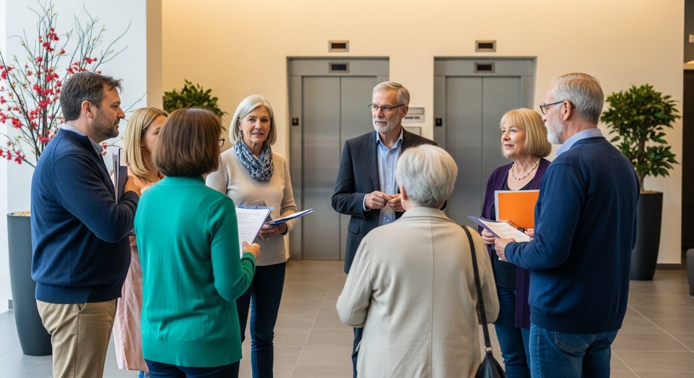 Un grupo de personas adultas y mayores se reúne en el vestíbulo de un edificio moderno, conversando y revisando documentos. El ambiente es profesional y colaborativo, con plantas decorativas y ascensores al fondo, lo que sugiere un entorno empresarial o institucional. (Imagen Ilustrativa Infobae)