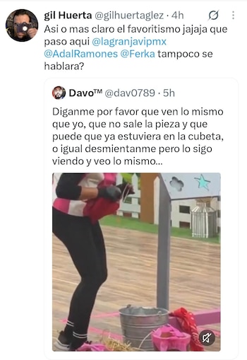 Captura de pantalla de una publicación en red social con texto en español y el fotograma de una persona junto a cubetas en un plató