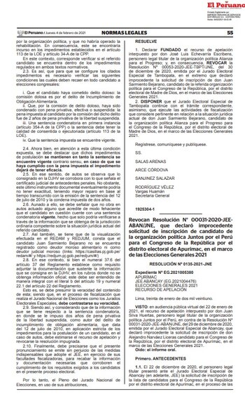 RESOLUCIóN Nº 0135-2021-JNE que revoca