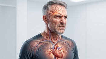 Ilustración de un hombre con gesto tenso que muestra de manera transparente el cerebro, los vasos sanguíneos del cuello y el corazón.