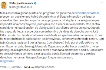 Margarita Rosa de Francisco destacó apertura al diálogo en el programa de Iván Cepeda - crédito @margaritavasola/X