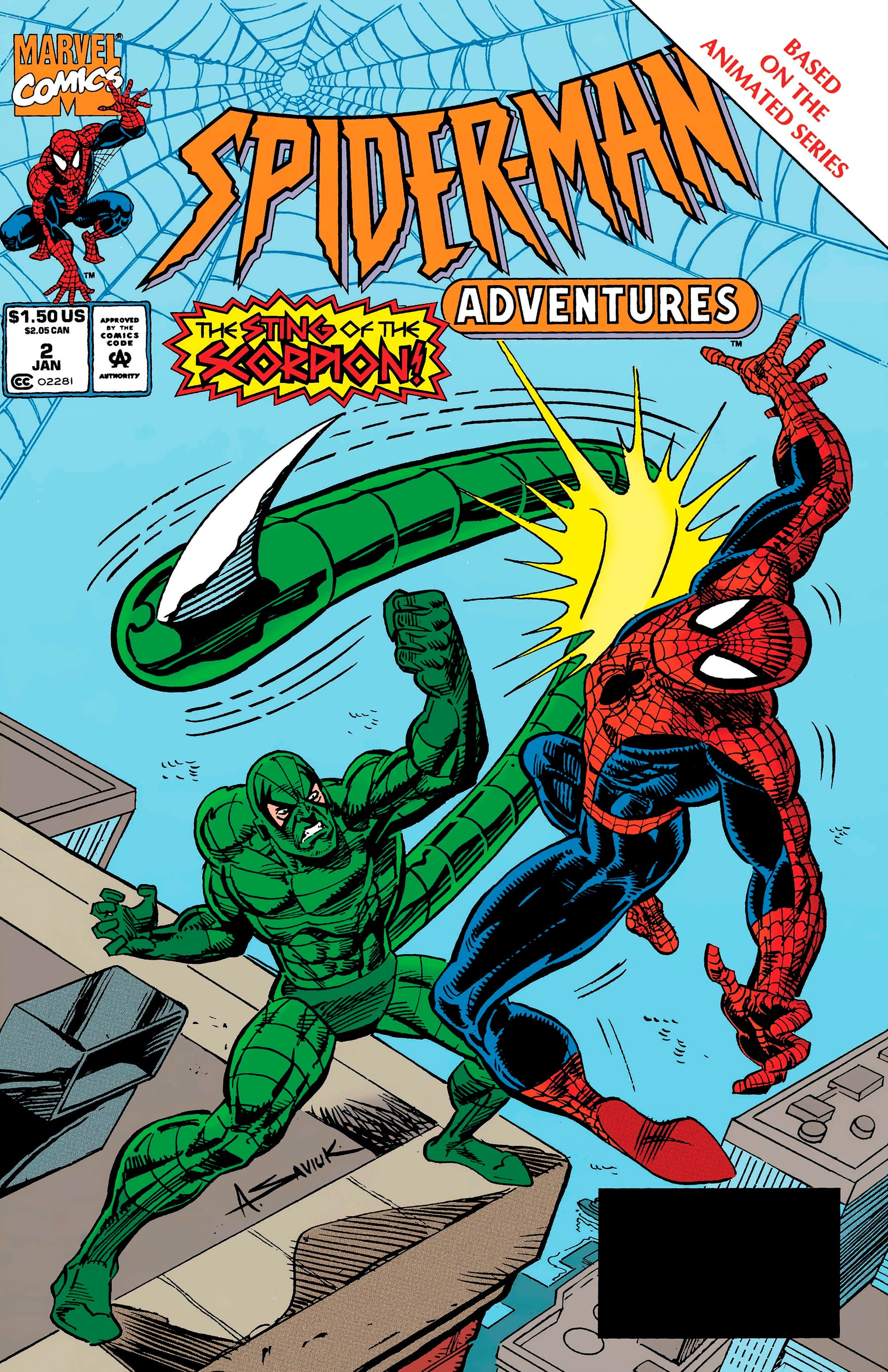 Spider-Man Adventures #2 adaptó un episodio de la serie animada de los 90 y mostró el origen de Scorpion como enemigo de Peter Parker
