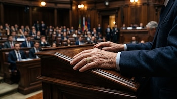 Manos de un hombre mayor con un anillo de oro sobre un estrado de madera, ante un hemiciclo con personas en el fondo.