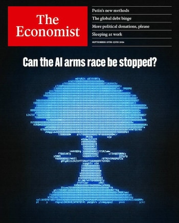 Portada de revista con el cabezal de The Economist, un titular en inglés y la figura de un hongo nuclear creada con texto digital azul