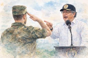 El presidente Gustavo Petro gesticula durante un discurso en una ilustración que alude al uso del saludo militar - crédito