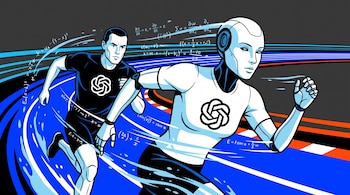 Ilustración estilo vector de dos corredores androides con el logo de OpenAI en la camiseta sobre una pista azul con ecuaciones matemáticas.