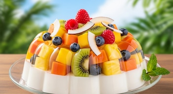 Gelatina de coco blanca adornada con mango, kiwi, papaya, arándanos, frambuesas y coco laminado. Servida en un plato de cristal con un fondo tropical borroso.