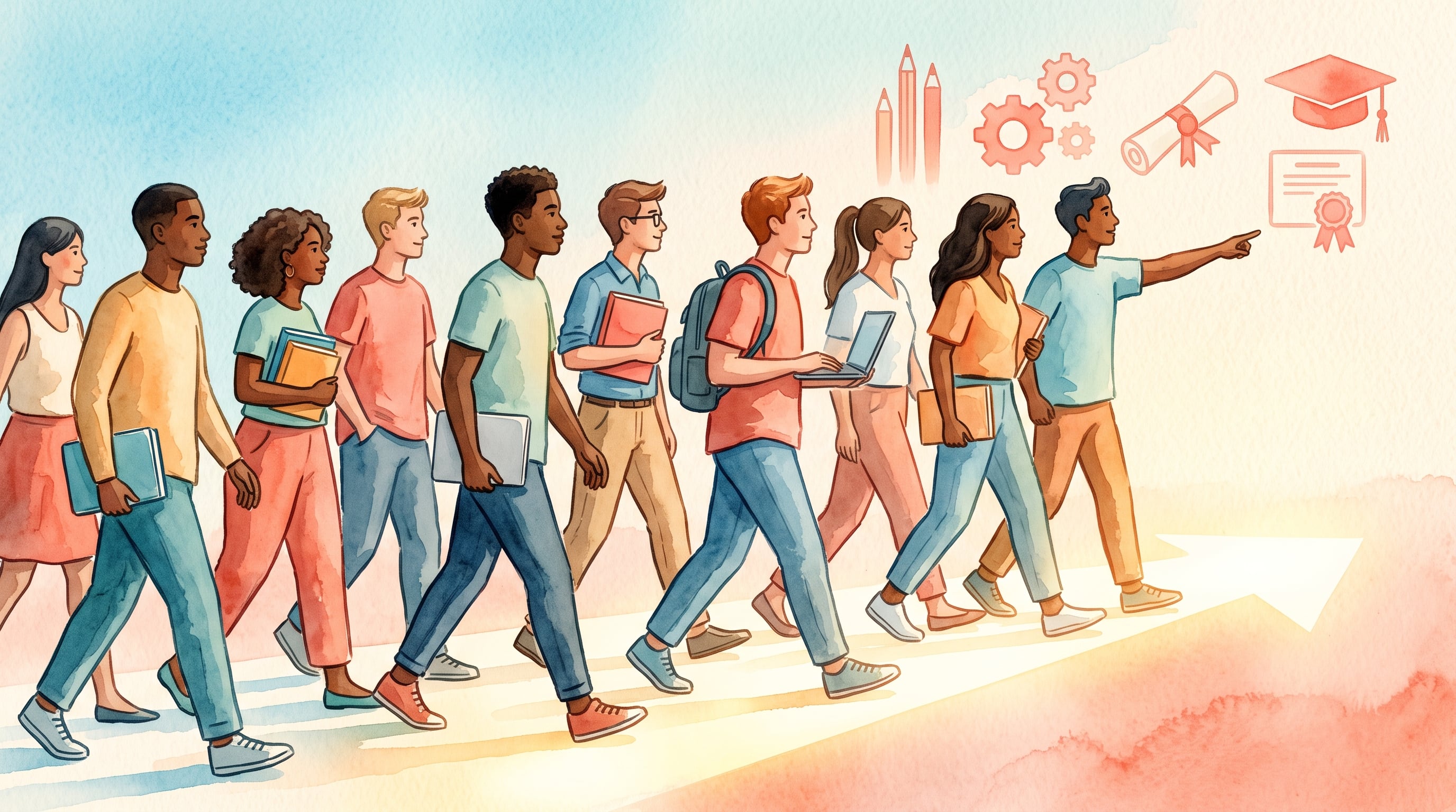 Un grupo de jóvenes estudiantes camina sobre un sendero luminoso hacia símbolos de desarrollo académico y tecnológico. (Imagen Ilustrativa Infobae)