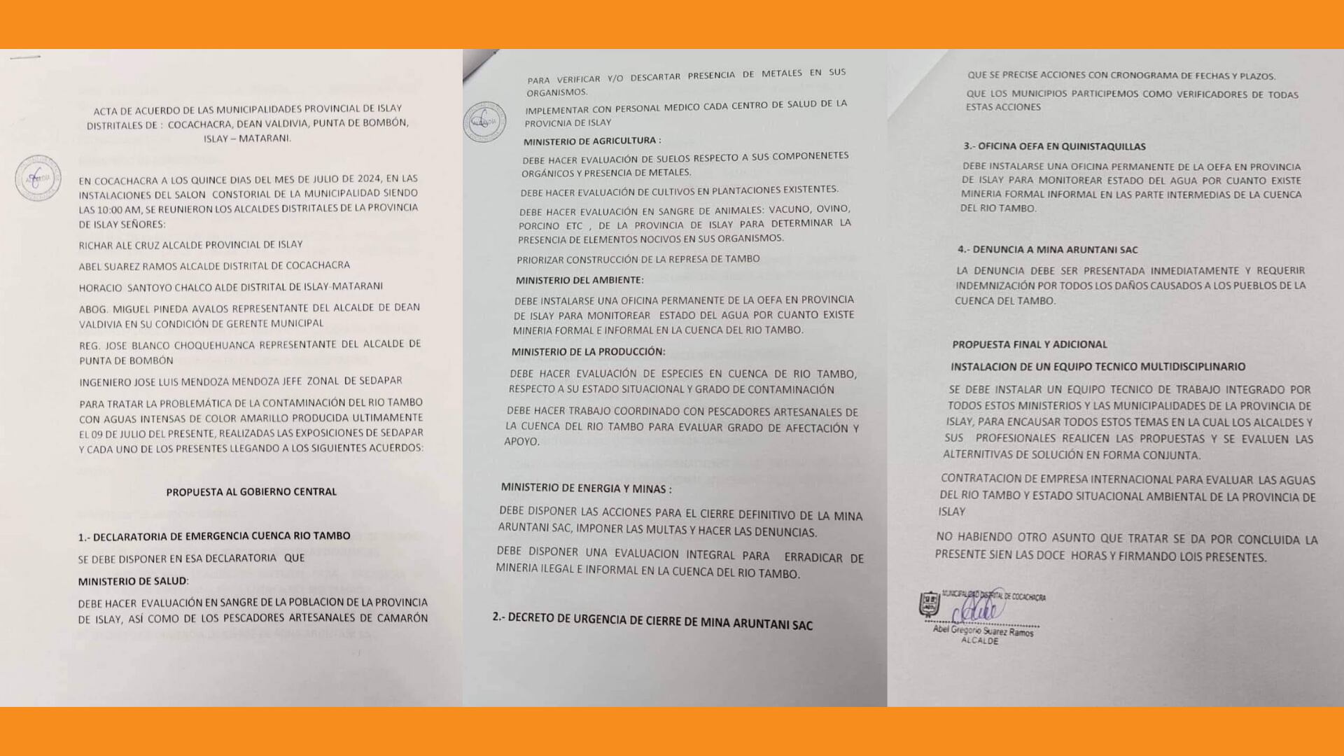 Compromisos entre los gobiernos locales afectados para intentar solucionar la problemática del estado del agua en el río Tambo. (Foto: Composición - Infobae/Renato Silva)