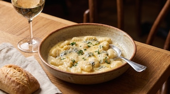 Un cuenco con ñoquis en salsa cremosa, una cuchara de metal, una copa de vino blanco y pan sobre una servilleta encima de una mesa de madera.