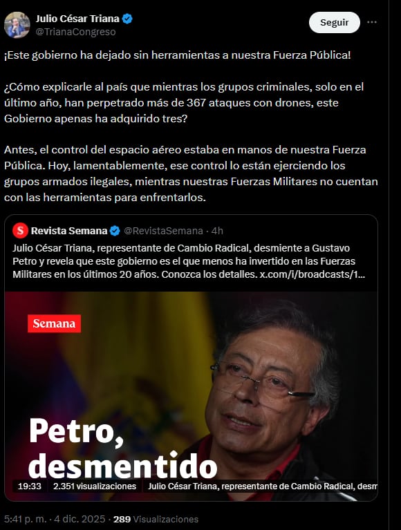Triana aseguró que los soldados son los principales afectados por la falta de financiación del Gobierno - crédito @TrianaCongreso/X