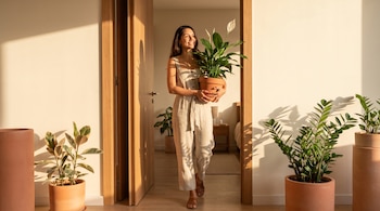 Mujer morena sonriente lleva una planta de espatifilo en maceta de terracota al entrar a un apartamento con paredes claras y luz solar; hay más plantas en macetas.