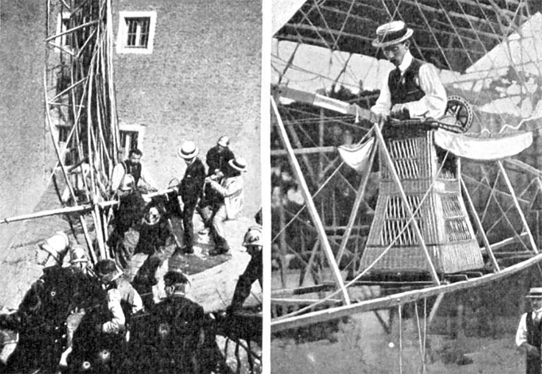 El aviador Alberto Santos Dumont aparece a bordo de la barquilla de su aeronave y durante las maniobras de rescate tras el accidente sufrido en pleno centro de París en 1901 (Caras y Caretas)
