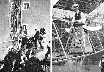 Dos fotografías en blanco y negro: a la izquierda, hombres asisten a otros en una pared; a la derecha, un hombre en la cesta de un dirigible