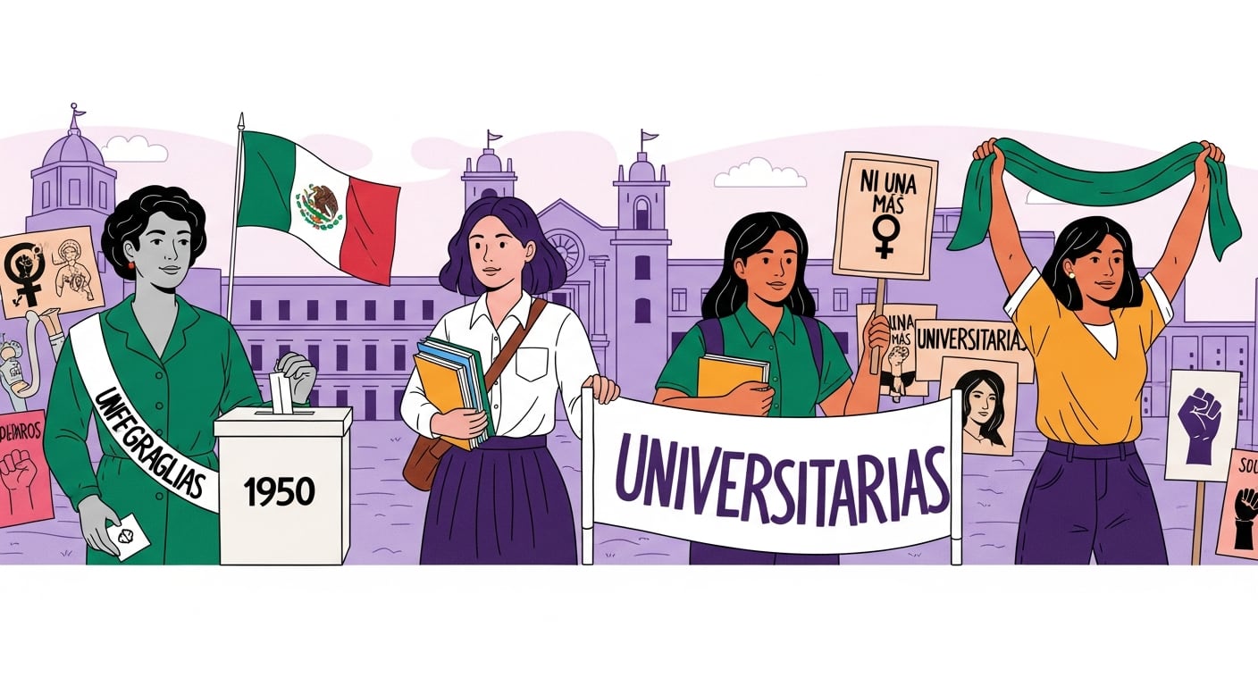 Una línea de tiempo ilustra la evolución de los derechos y el activismo feminista de las mujeres mexicanas desde los años 50 hasta la actualidad, destacando sufragistas, universitarias y activistas. (Imagen Ilustrativa Infobae)