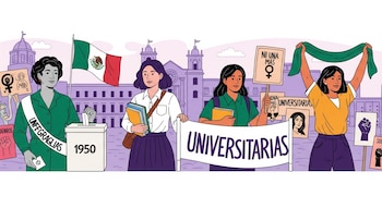 Cuatro mujeres; una con papeleta en urna "1950" y banda "UNFFGRAGLIAS"; otra con libros; otra con cartel "UNIVERSITARIAS"; y una con pañuelo verde. Bandera mexicana.