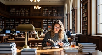 Mujer joven con cabello ondulado y gafas leyendo un libro en una mesa de madera. Hay pilas de libros y una taza humeante de té.
