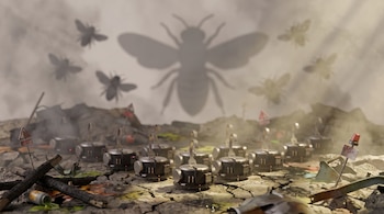 Docena de robots móviles con ganchos en terreno agrietado con escombros, líquido verde y señales de peligro, bajo siluetas de abejas difusas.